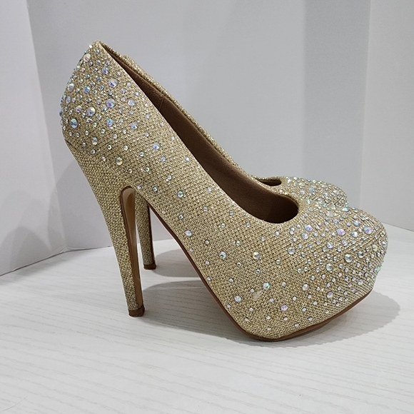 Delicacy Gold Rhinestone Platform Heels - Picture 3 of 12